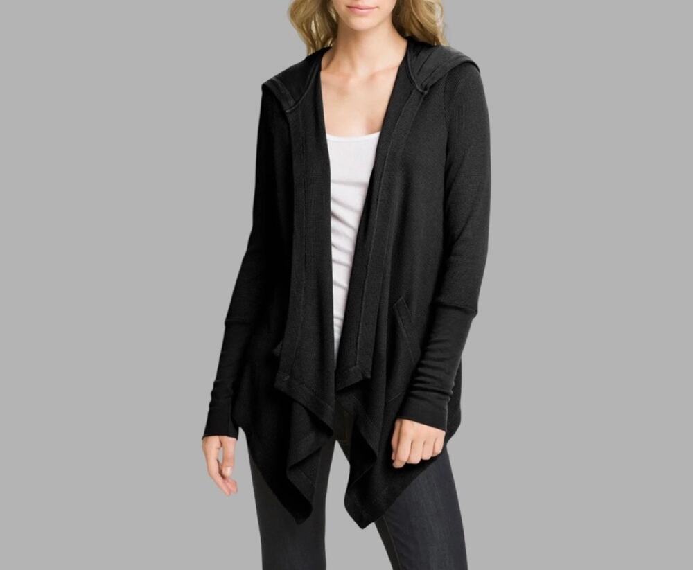 Splendid Thermal Flight Cardigan Open Front Hooded Pockets Small Black